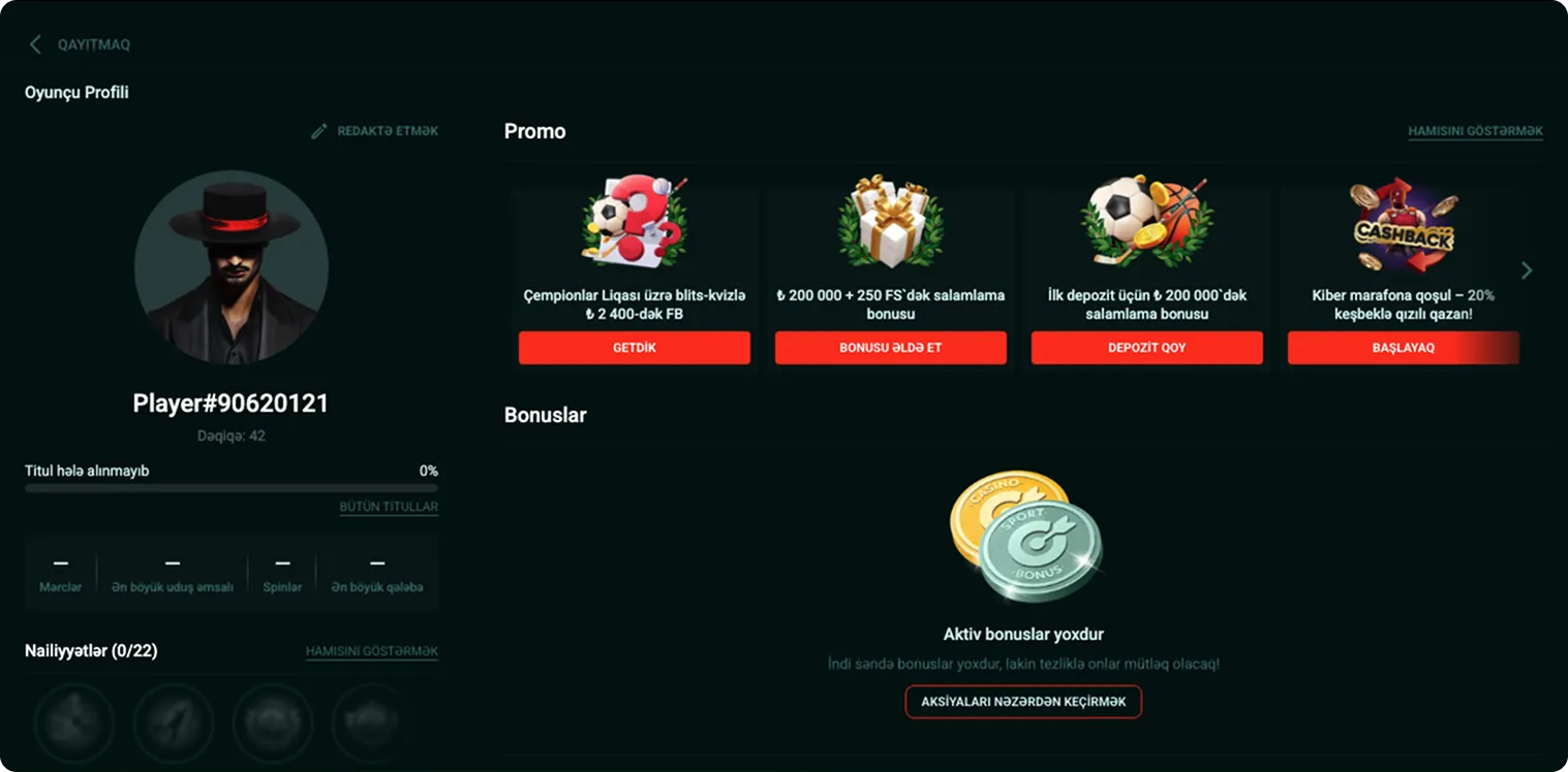 Pinco Casino hesabı üçün profil